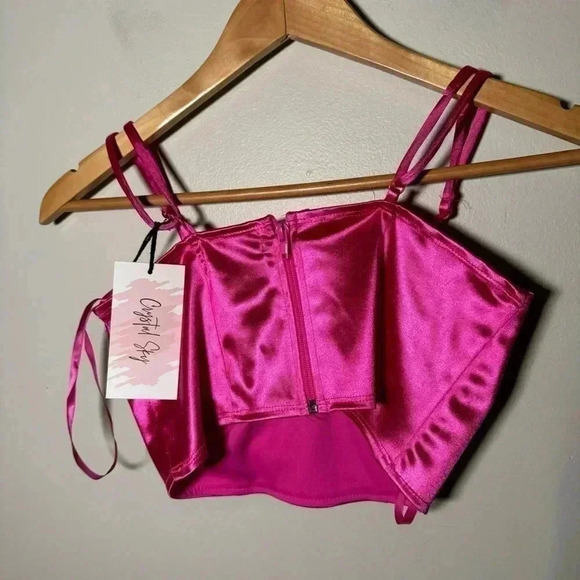 NWOT  CRYSTAL SKYS HOT PINK SATIN BUSTIER/CROP TOP WITH RHINESTONE BOW DETAILS S - Picture 6 of 6